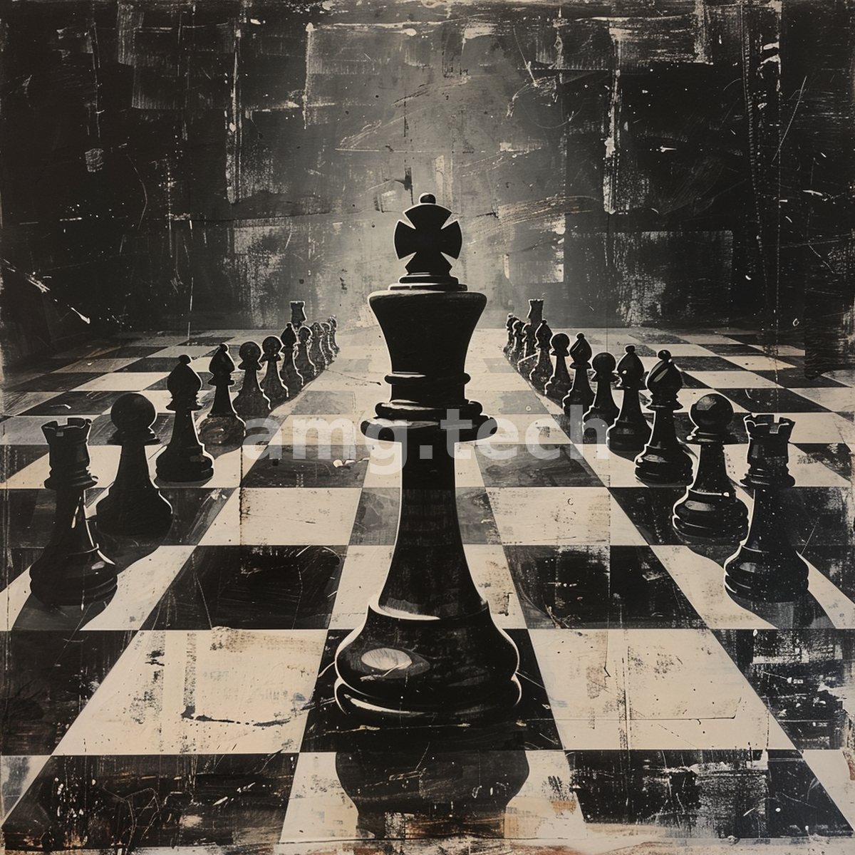 A weathered monochrome tableau of a chessboard where the king towers over his ranks, dramatic light breaking through the gloom behind.