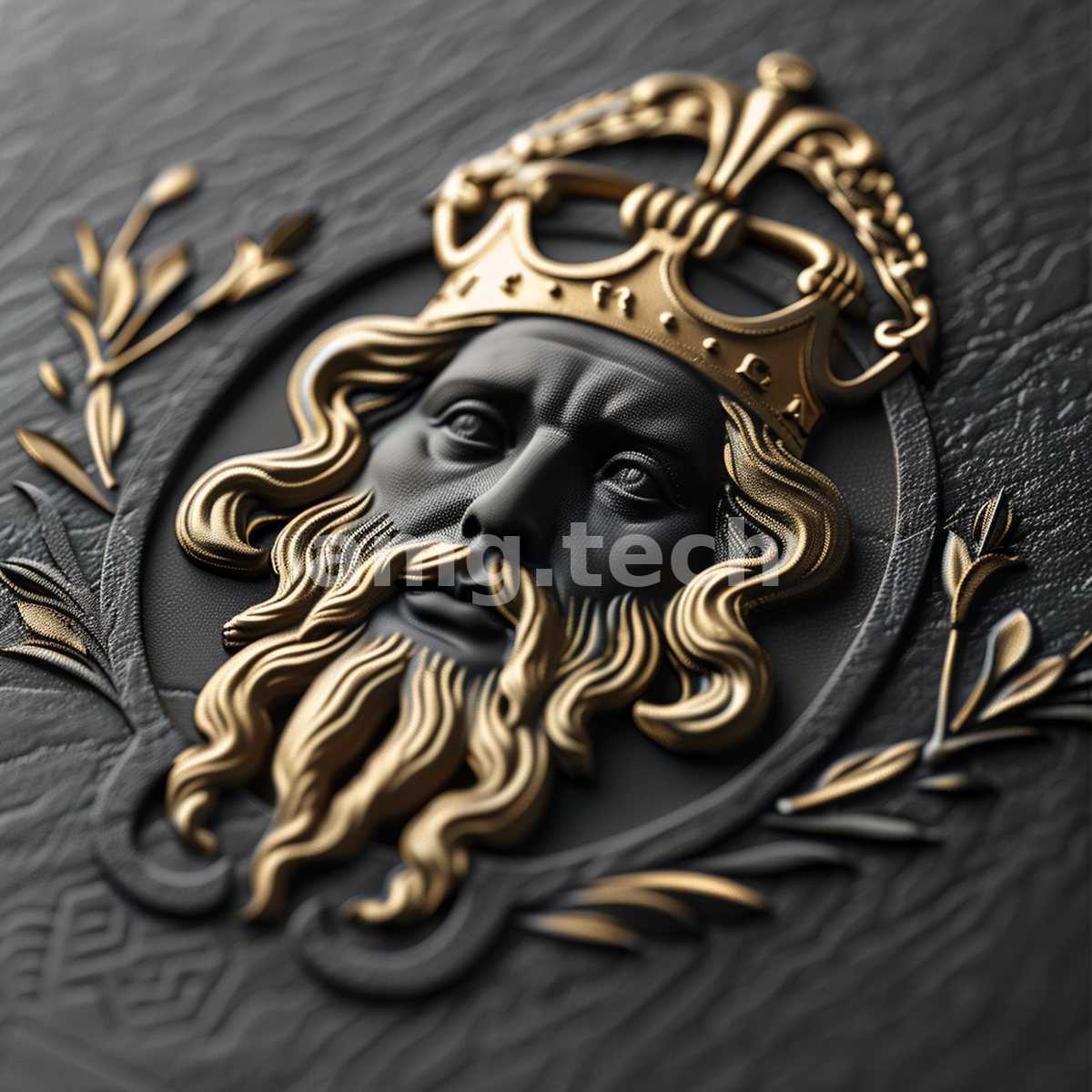 A sculpted relief of a bearded, crowned king rendered in matte black and gleaming gold, framed by delicate golden laurel.