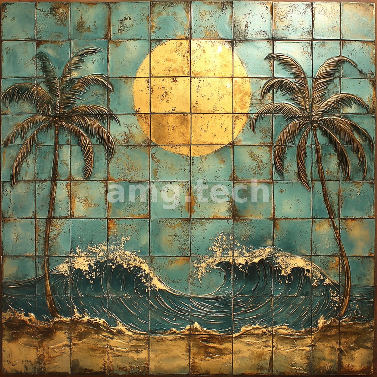 A textured tilework panel where two palms flank a molten golden sun above a cresting turquoise wave, patinated with verdigris and rust.