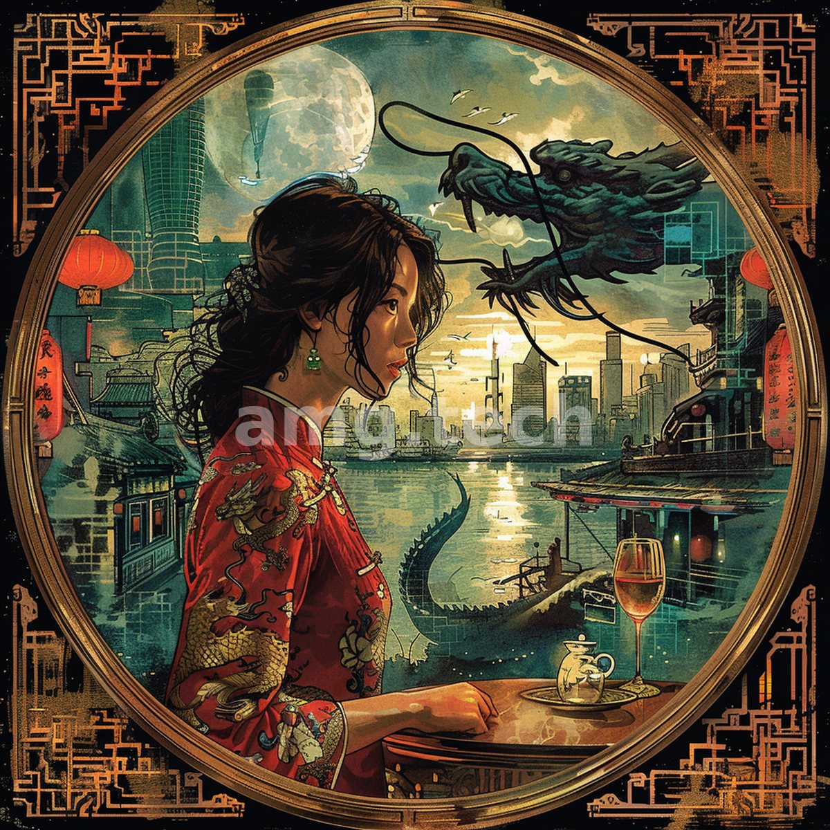 A woman in an embroidered red robe gazes across a neon harbor as a serpentine dragon coils through the twilight sky.