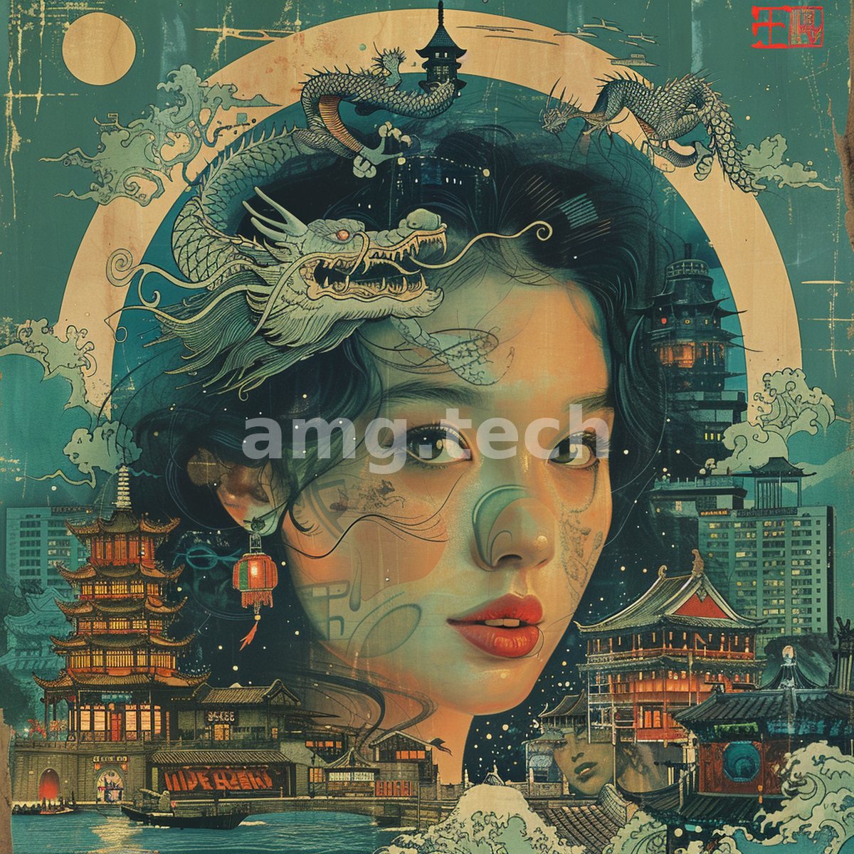 A vintage collage portrait of a serene woman crowned by a coiling dragon, encircled by moonlit pagodas and glowing waterfront towers.