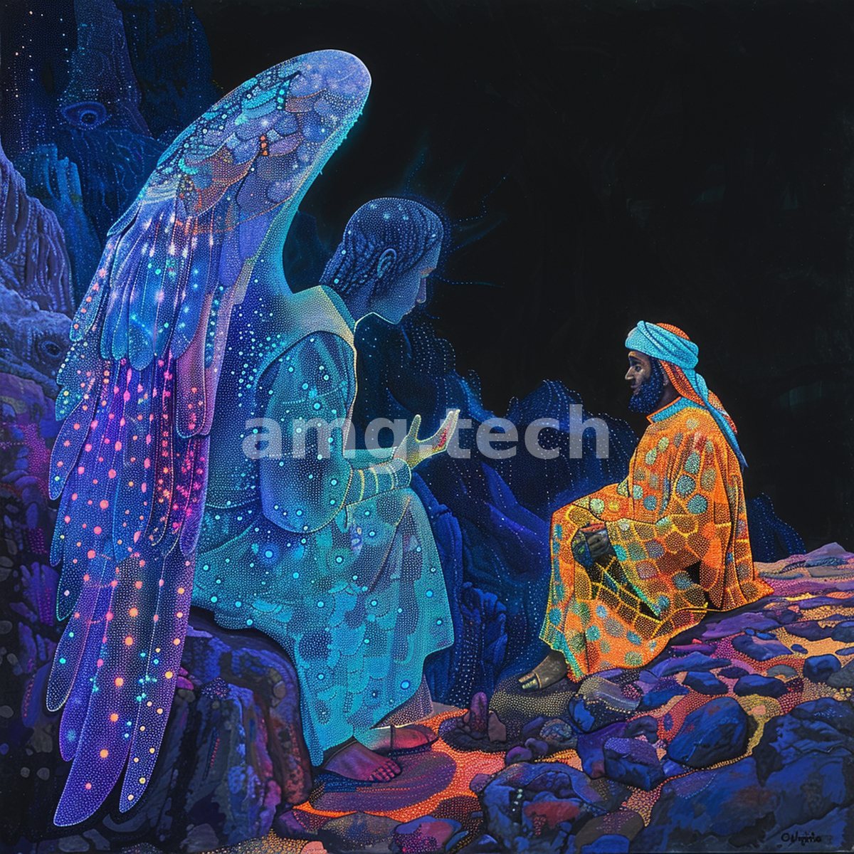 A radiant, star-flecked angel kneels before a robed seated man amid jeweled darkness, an encounter rendered in glittering pointillist light.