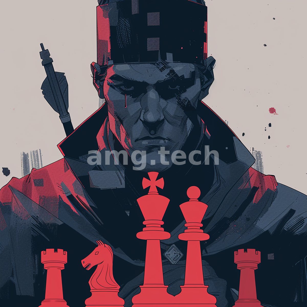 A grim, armored commander looms above a phalanx of crimson chess pieces, his gaze fixed with cold strategic resolve.