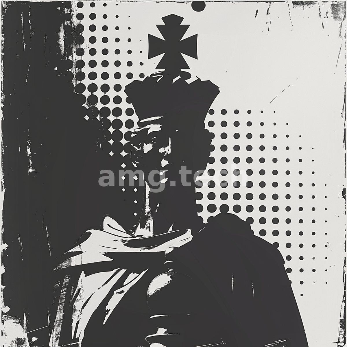 A crowned and cross-crested monarch rendered in stark monochrome and halftone, his silhouette pressed between shadow and severe, ceremonial grace.