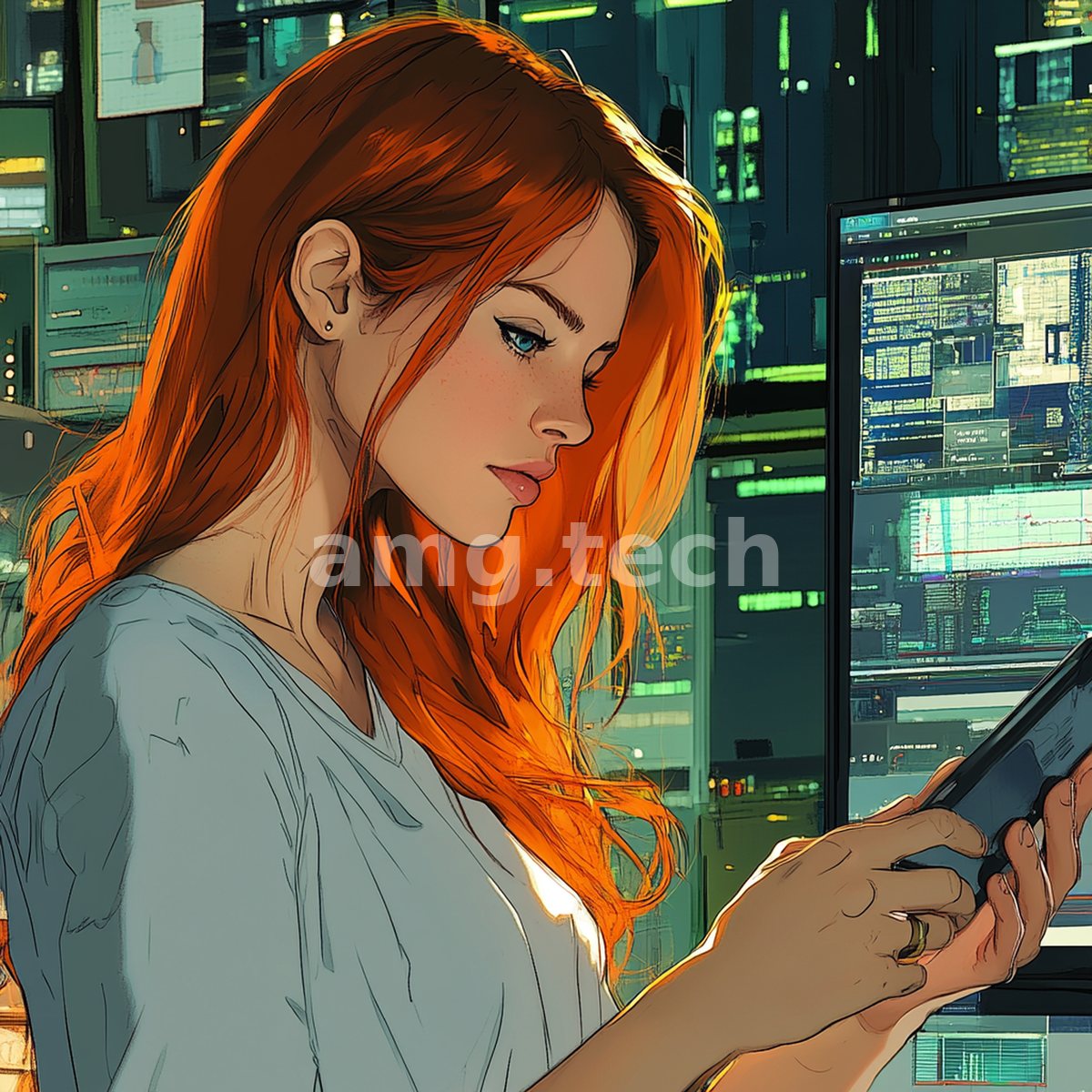 A red-haired woman bathed in amber light studies her tablet amid the teeming green monitors of a nocturnal city, poised and inward.