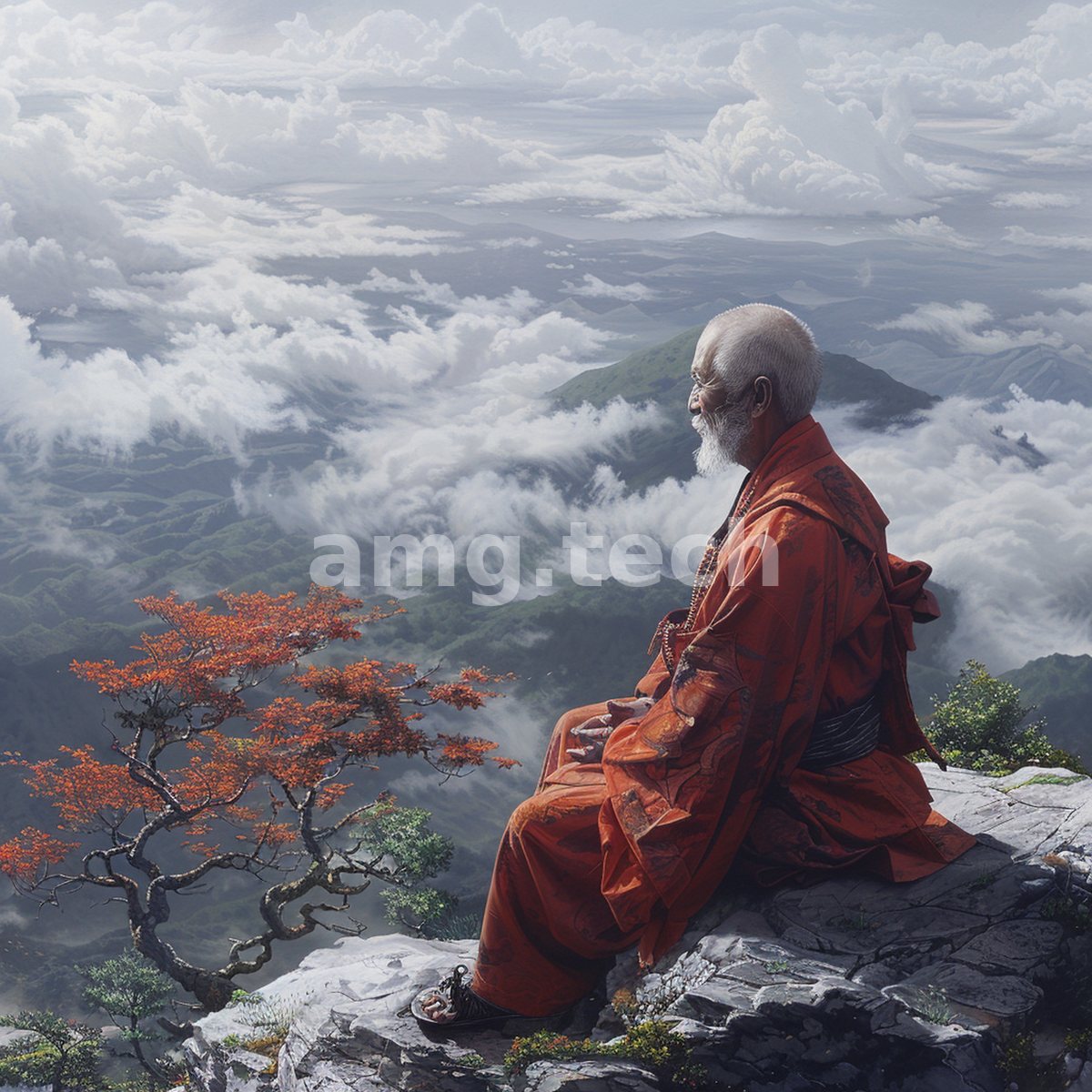 A saffron-robed elder sits in quiet meditation upon a summit outcrop, a windswept maple beside him and a sea of mist below.