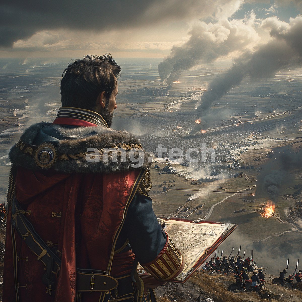 A caped officer surveys a smoke-wreathed battlefield from a high ridge, campaign map in hand as distant columns march beneath a brooding sky.