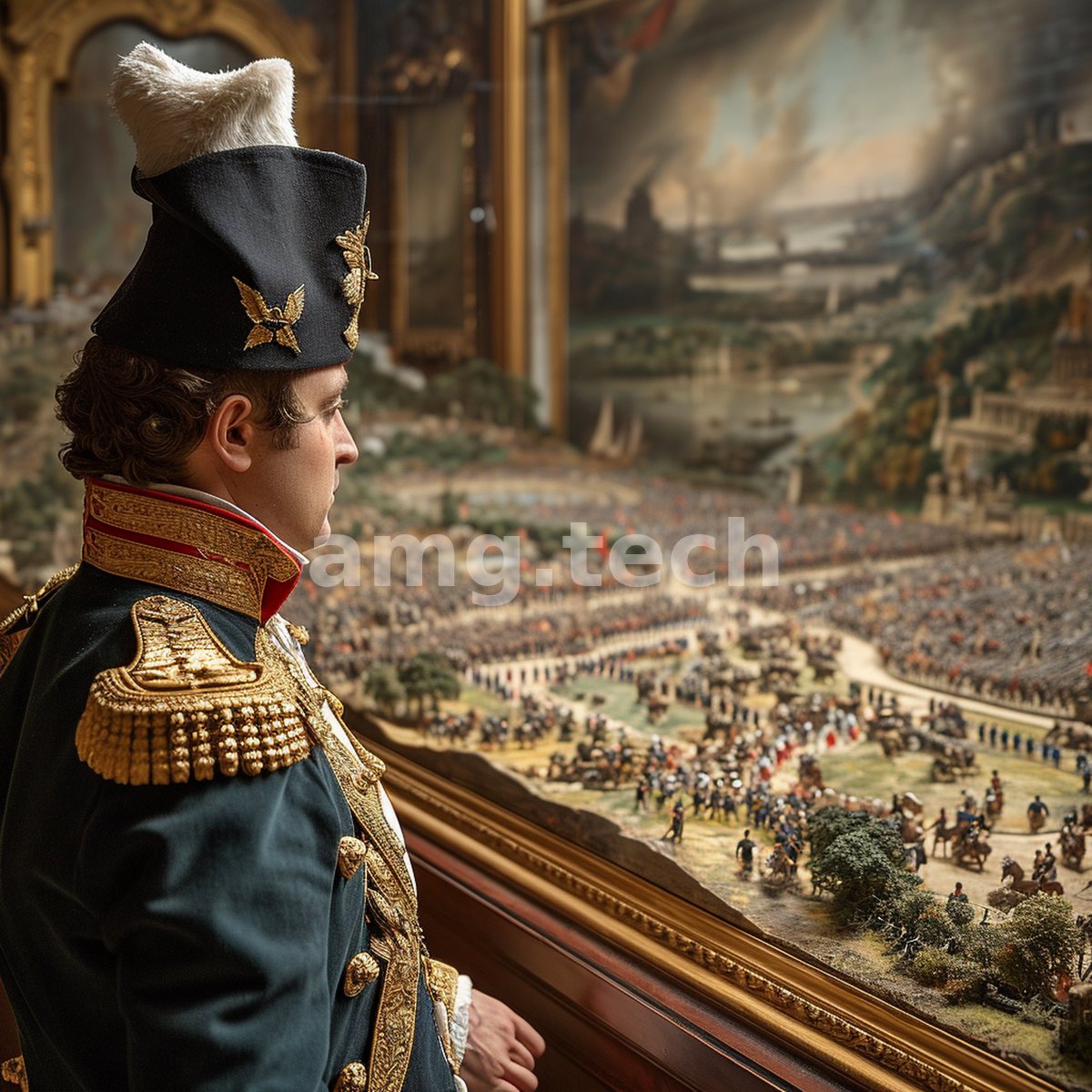 A plumed officer in gold-braided dress uniform gazes upon a vast panoramic battle scene, present valour weighed against painted history.