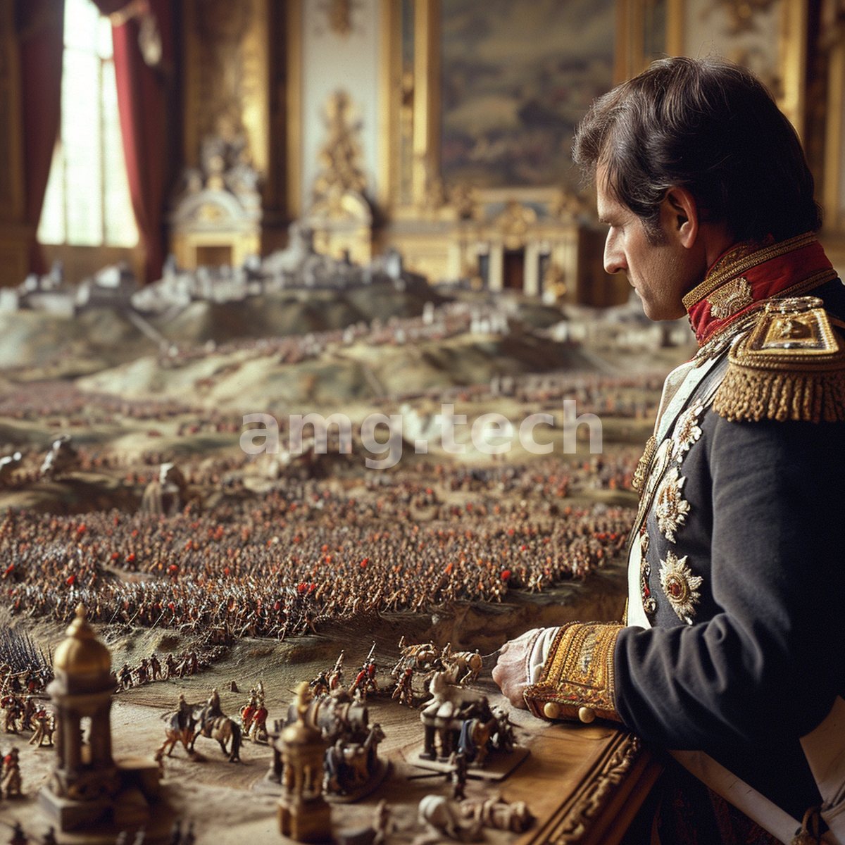 A decorated commander leans over an intricate tabletop battlefield of tiny figures within a gilded hall, absorbed in strategy made small.
