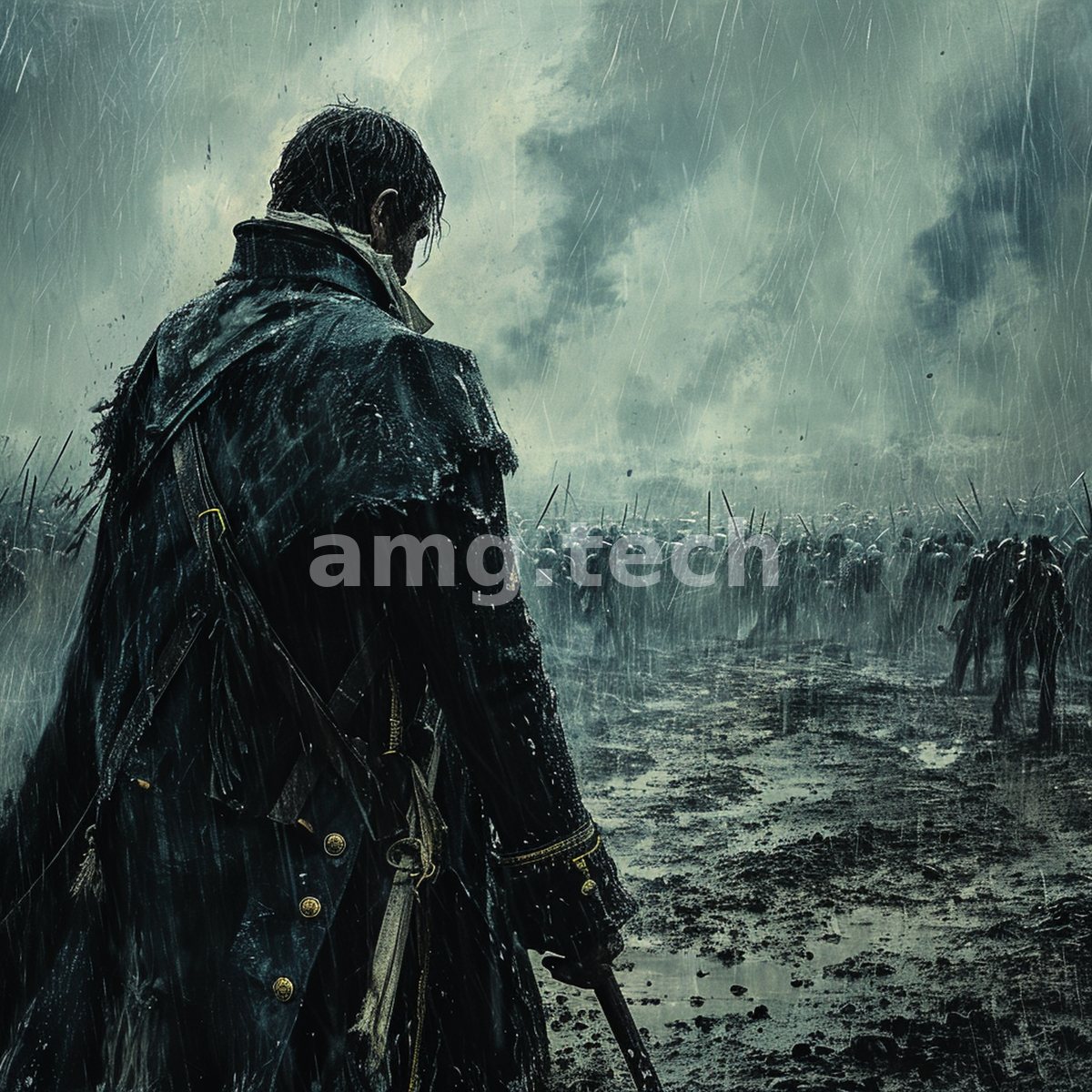 A weary officer in a sodden greatcoat turns his back on a spectral column trudging through mud and driving rain, defeat rendered in cold grey.
