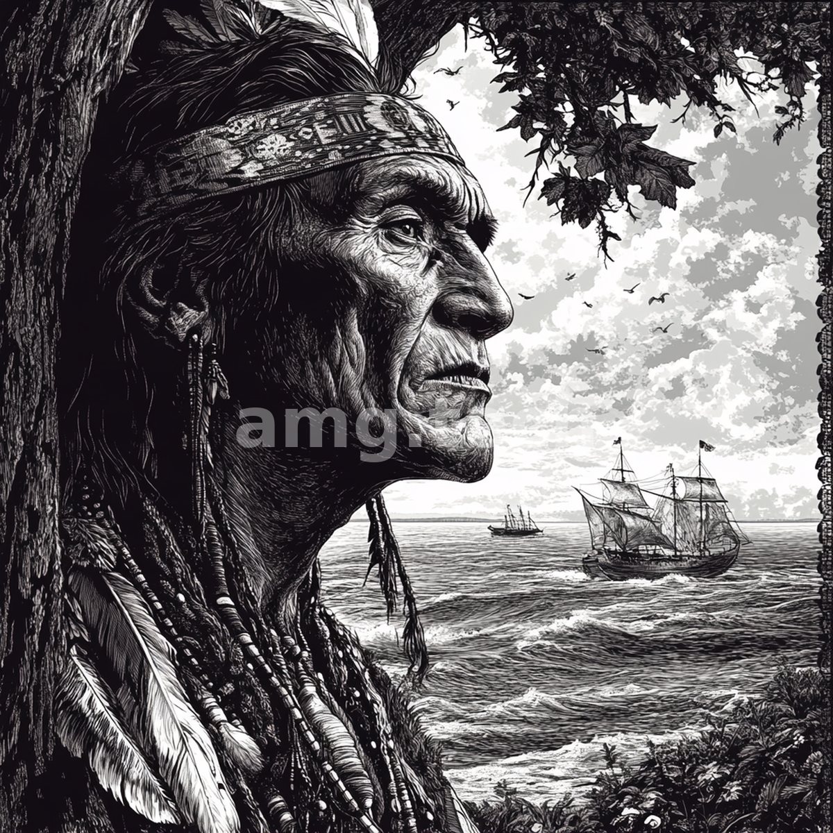 A finely engraved portrait of a feathered chieftain watching tall ships approach a distant coast, dignity meeting the horizon of change.