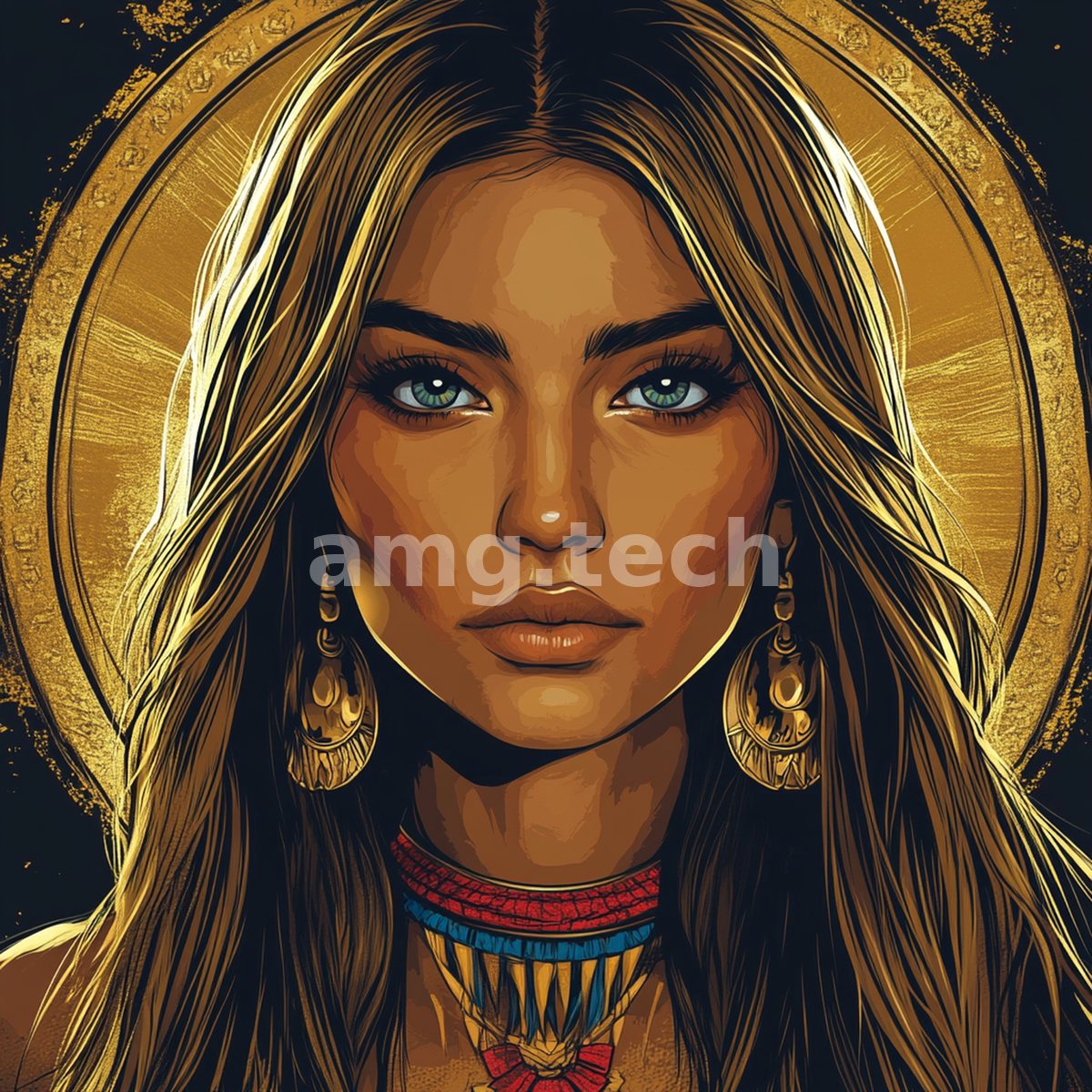 A radiant young woman in beaded regalia gazes outward before a burnished golden disc, her turquoise eyes luminous against warm earthen tones.