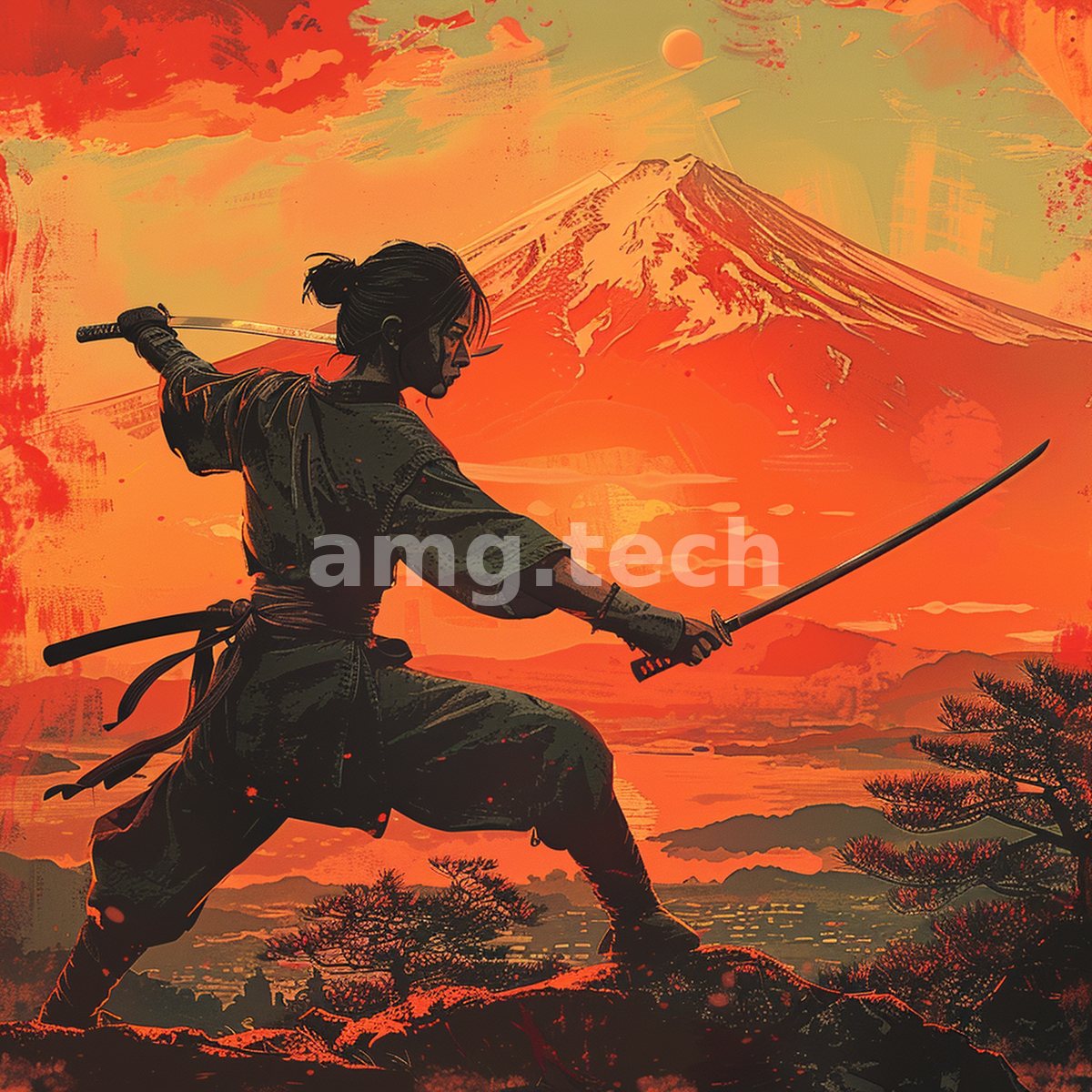 A swordsman lunges mid-stance beneath a snow-capped peak, twin blades gleaming against a fiery orange sky of graphic-poster intensity.