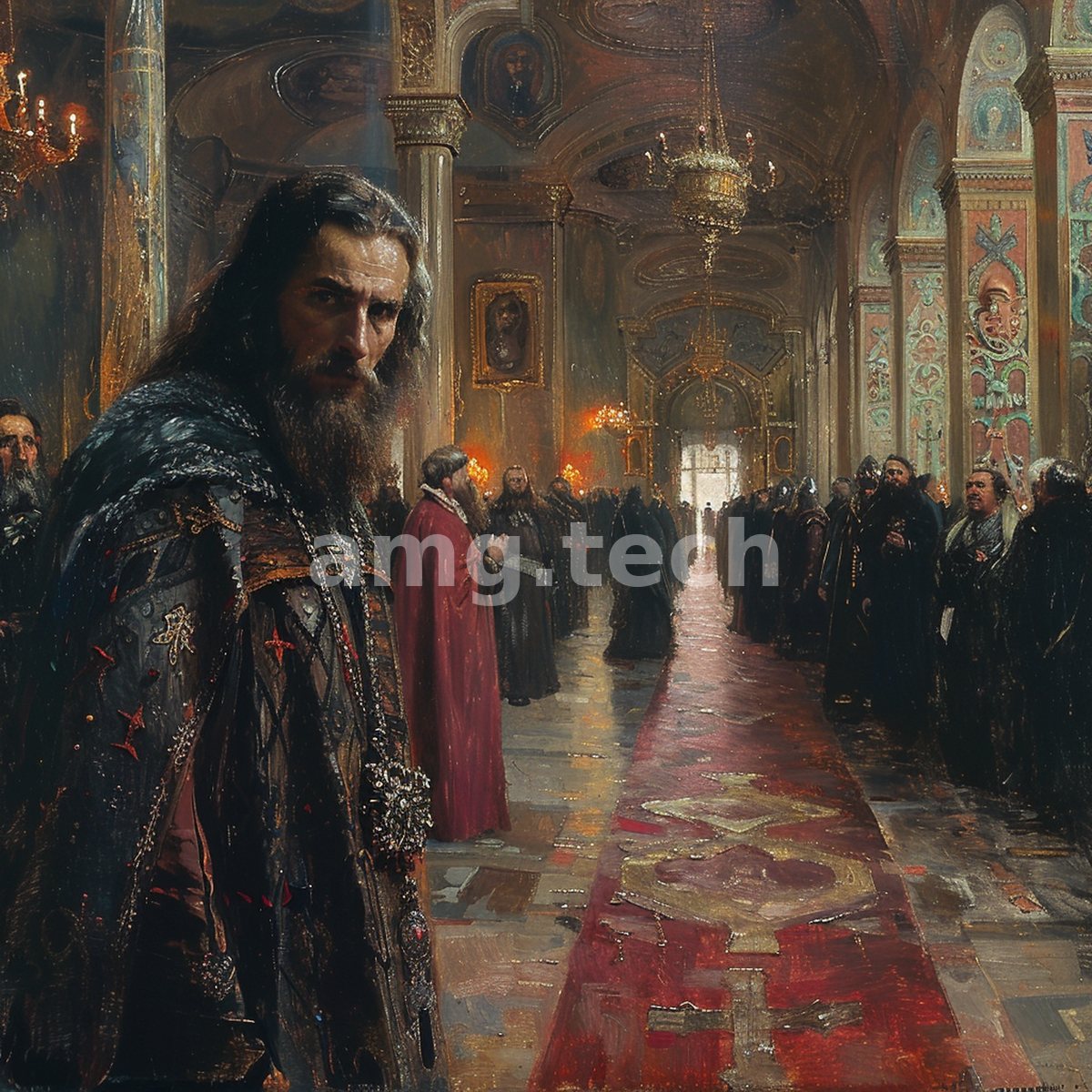 A bearded nobleman in dark jewelled robes turns toward the viewer within a candlelit basilica as courtiers gather along a crimson carpet.