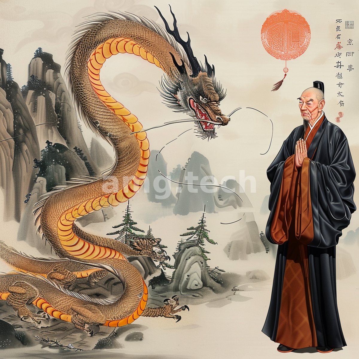 A robed monk stands in reverent prayer as a great serpentine dragon coils through misted peaks, a crimson seal floating overhead.