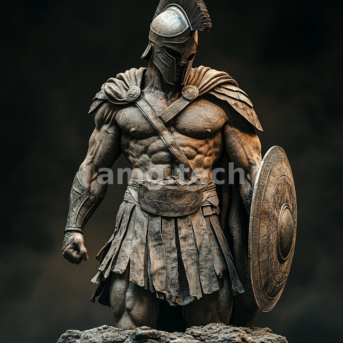 A weathered warrior sculpture in crested helm and layered armour stands upon a rocky plinth, shield in hand against soft enveloping gloom.