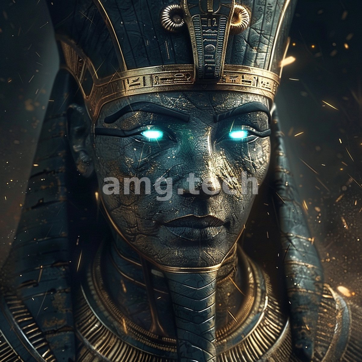 A cracked stone visage in royal nemes and gilded collar stares out with piercing luminous eyes amid a shower of drifting golden sparks.