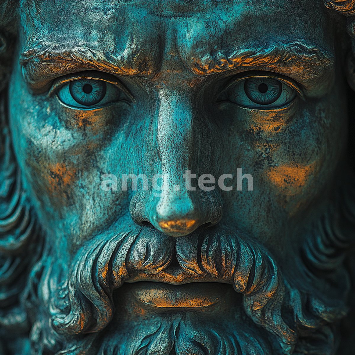 A weathered bronze visage of a bearded elder, patinated in oxidised teal and copper, gazes forward with startling, luminous eyes.