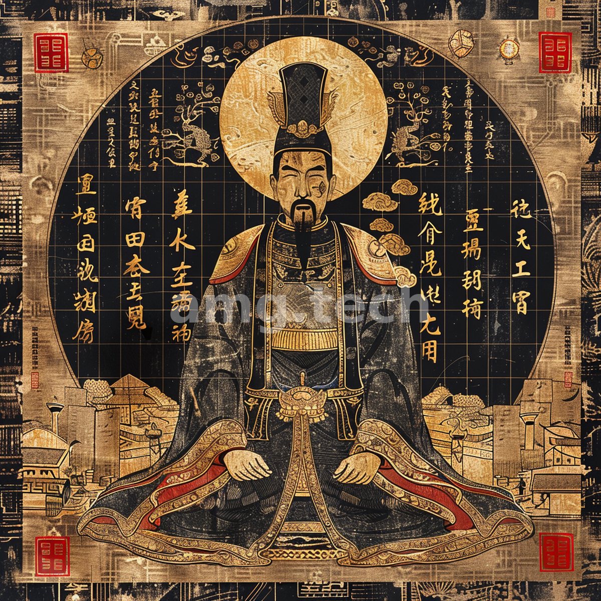 An enthroned dignitary crowned and haloed in gold sits amid columns of calligraphy, rendered in the manner of an ancient gilded scroll.