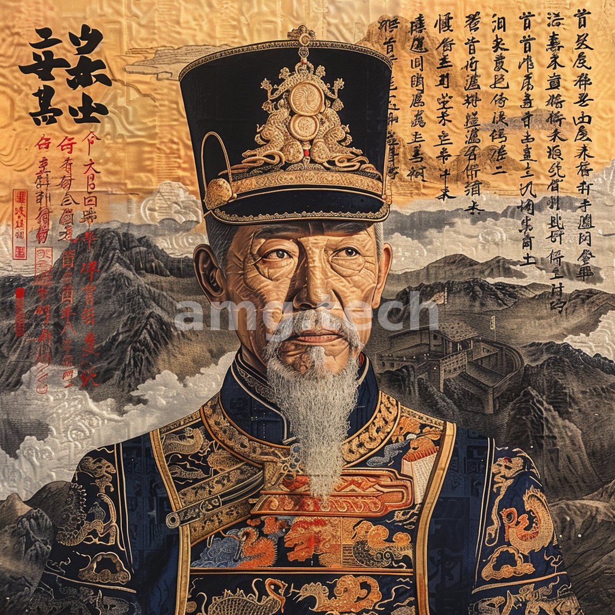 An elder mandarin in embroidered court robes stands before misted peaks, his white beard and calligraphic borders evoking imperial portraiture.