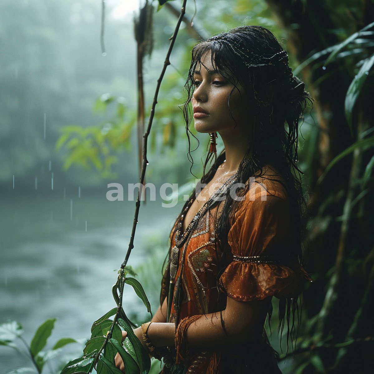 A young woman in amber silk stands drenched beside a jungle river, her braided hair and beaded ornaments glistening through soft monsoon light.