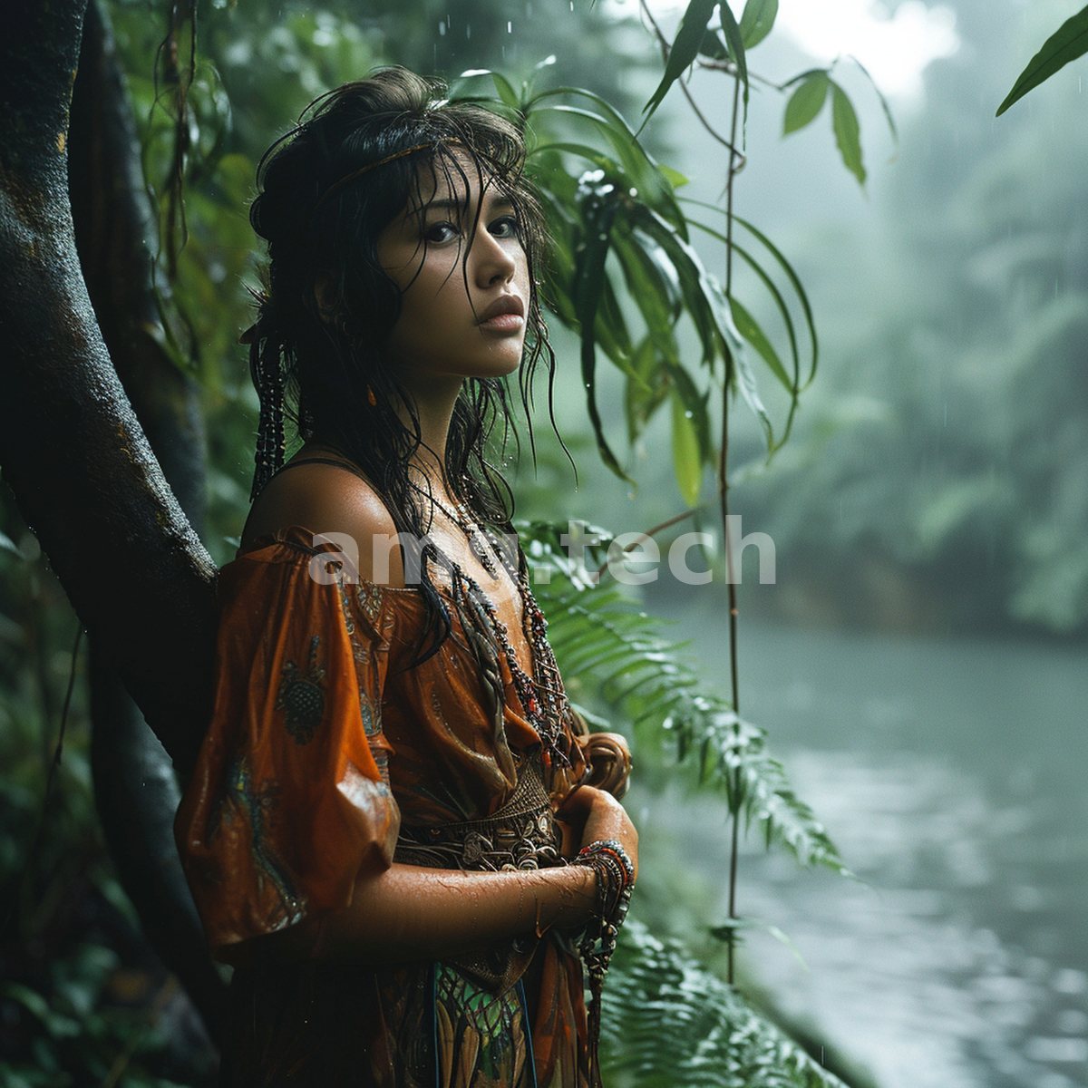 Leaning against a mossy trunk in falling rain, a woman in ochre robes gazes across a fern-fringed river veiled in emerald mist.