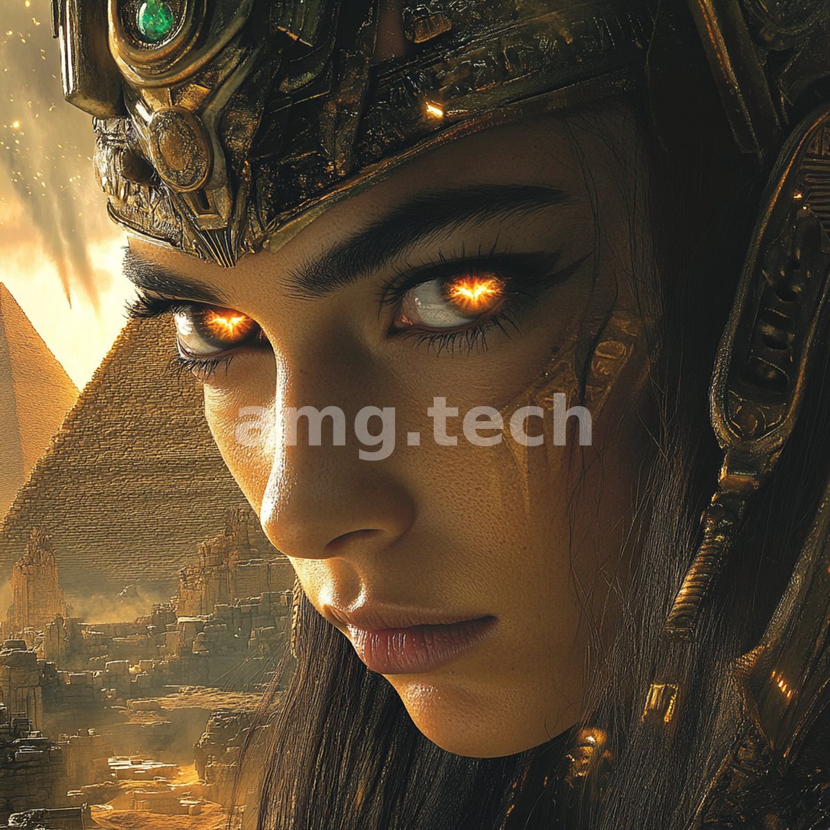 A warrior queen in ornate helm, eyes ablaze with fire, surveys a sunlit pyramid and ruined city in golden apocalyptic haze.