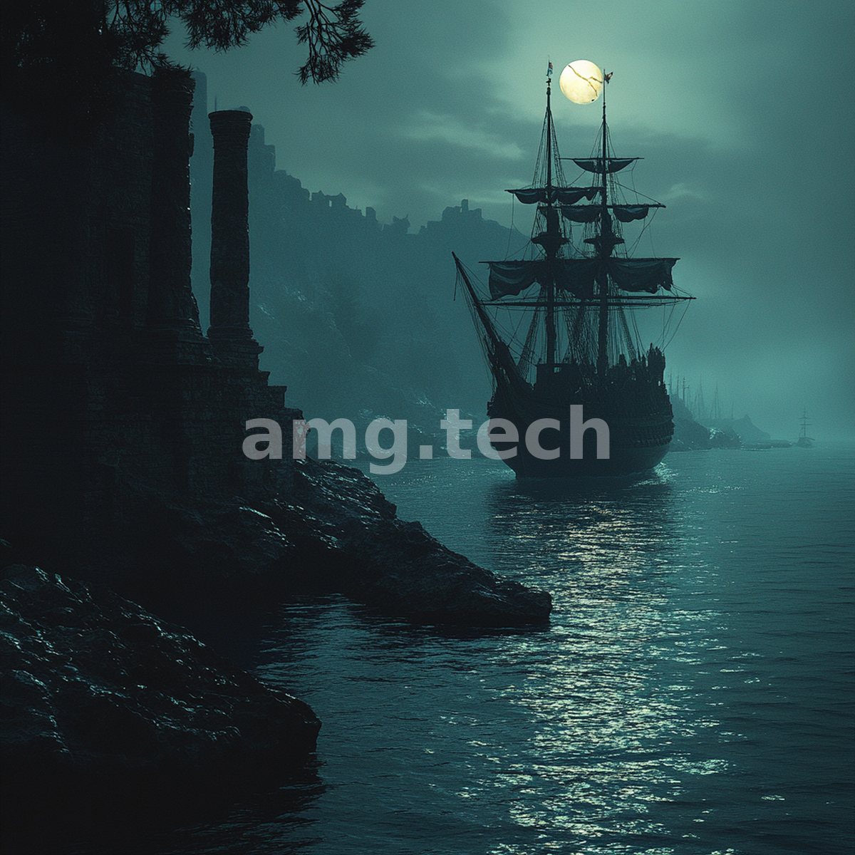 A tall ship rides still water beneath a full moon, its silhouette framed by ancient stone columns and mist-shrouded cliffs.
