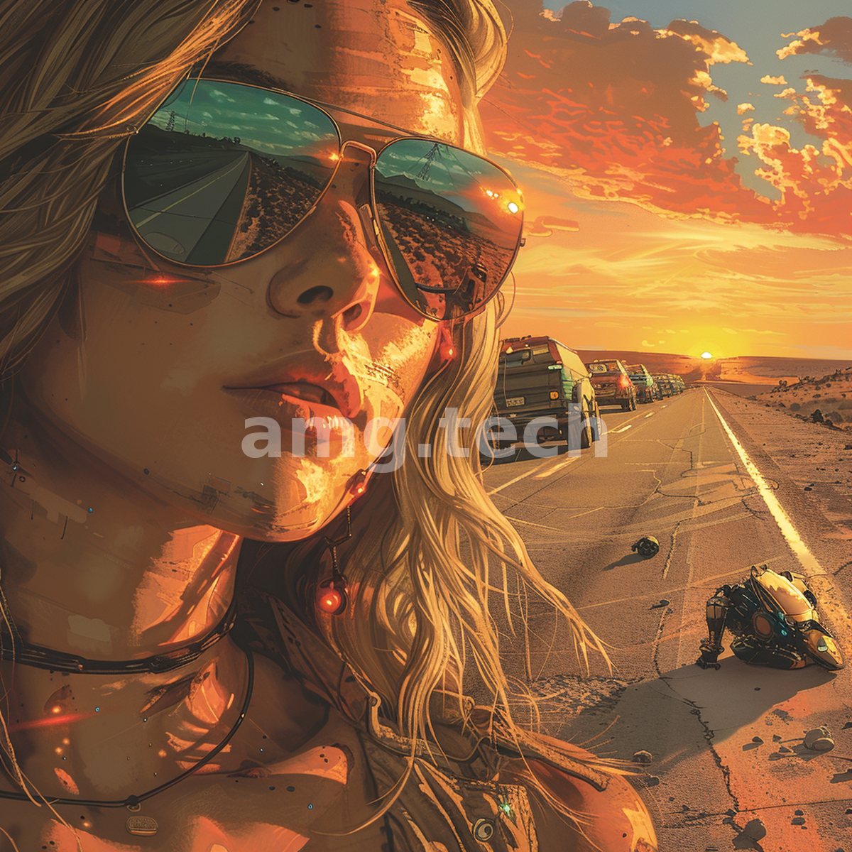 Shielded behind mirrored aviators, a woman fills the foreground as a convoy trails down a cracked road into a blazing horizon.