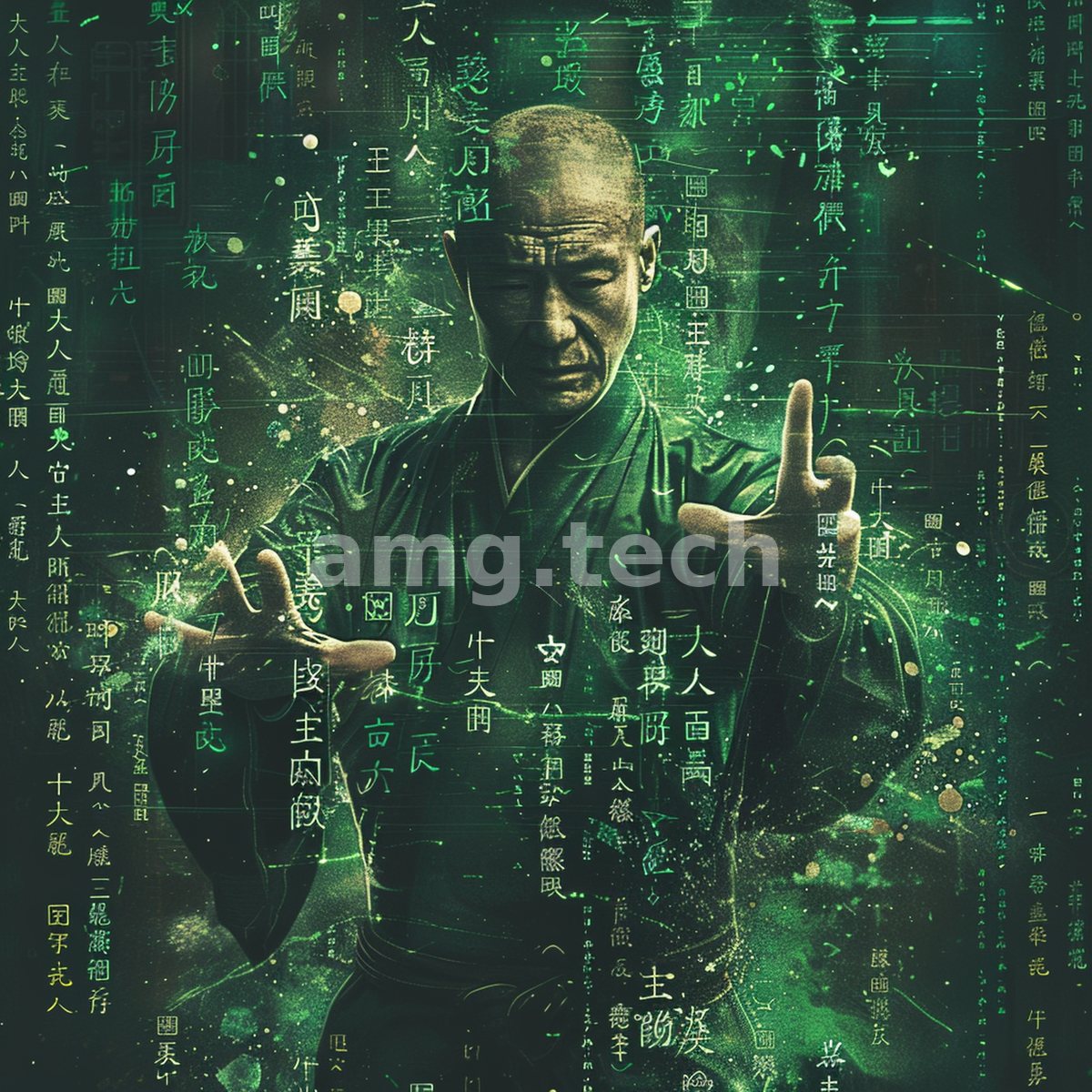 A meditating master forms a mudra amid cascading green glyphs and luminous script, poised between ancient wisdom and digital light.