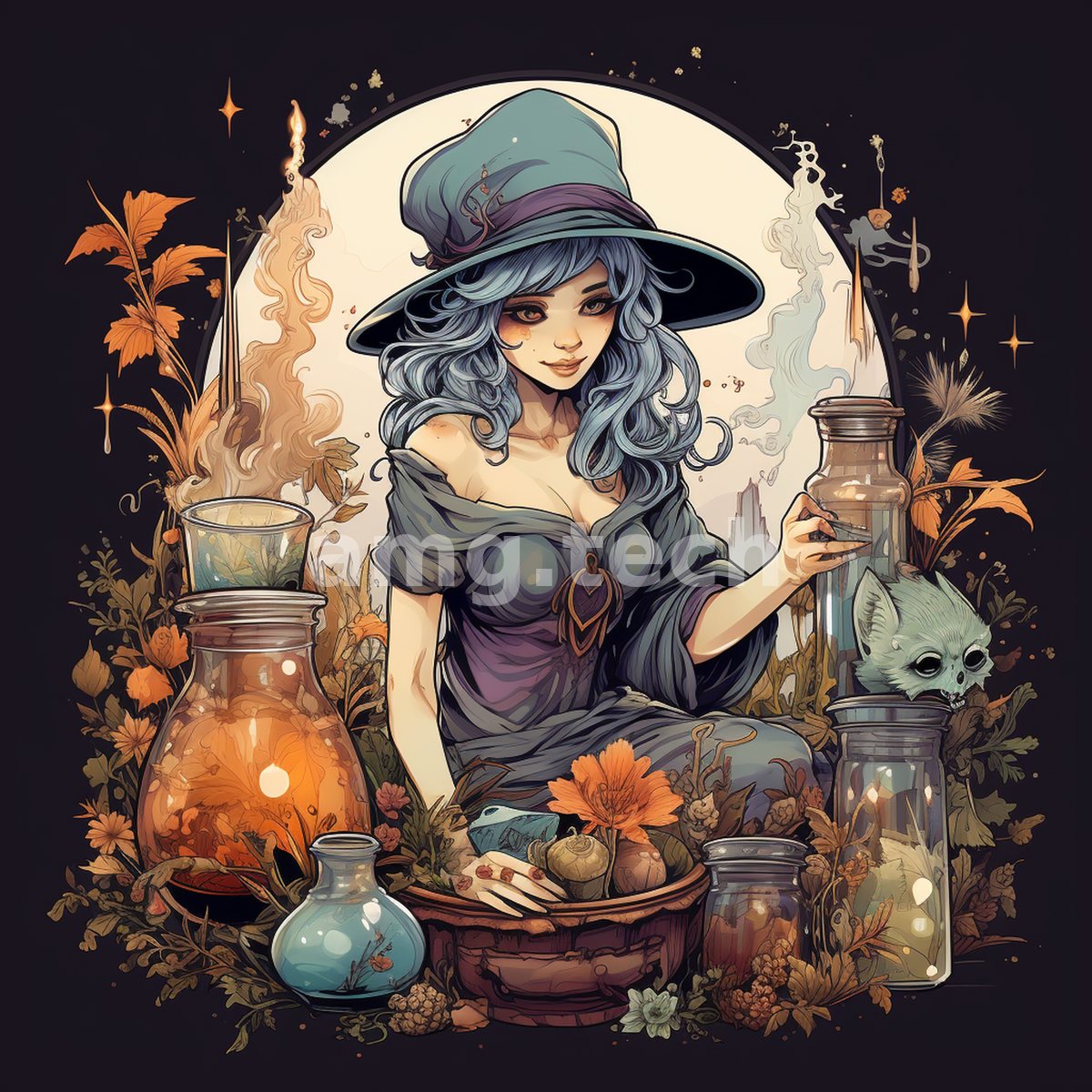 A blue-haired sorceress in a broad hat tends glowing jars and smoking phials, attended by a small spectral cat amid autumn blooms.