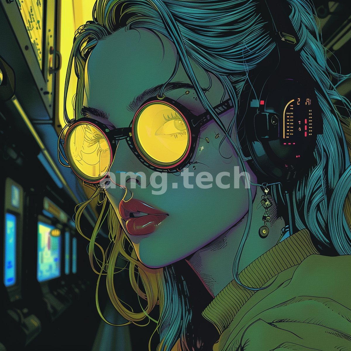 Rendered in luminous comic-book line, a woman in yellow-tinted goggles glows against the teal instrument panels of a darkened cockpit.