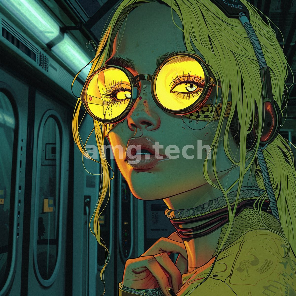 A striking figure in yellow round spectacles rides a dim transit car, her chartreuse hair and freckled poise electric against cool shadow.