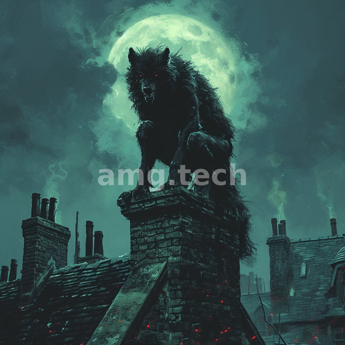A hulking wolf crouches atop a chimney stack beneath a swollen moon, red eyes burning over a fog-bound slate rooftop.