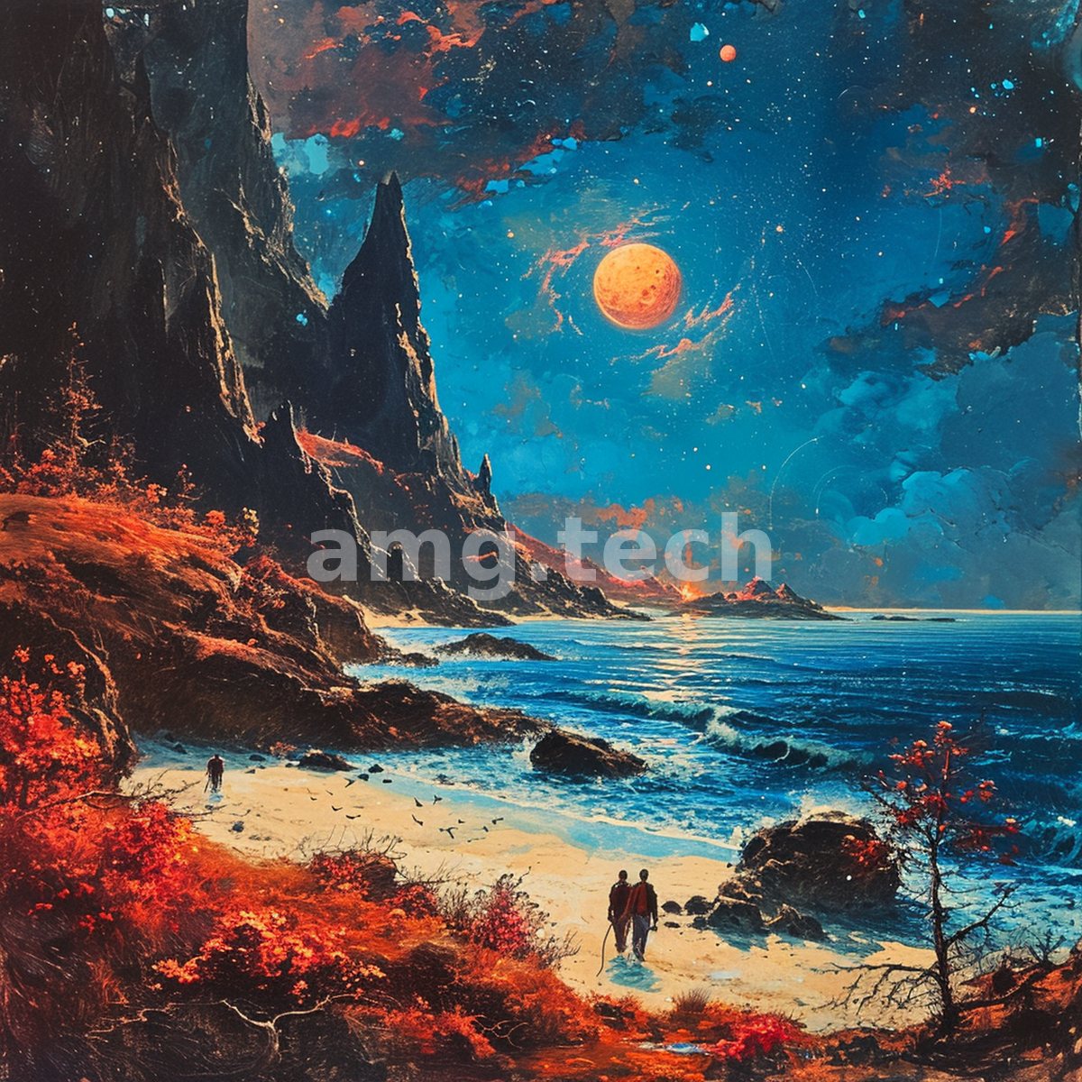 Beneath a blood-red moon and star-strewn sky, two wanderers cross a golden beach flanked by fiery foliage and jagged cliffs.