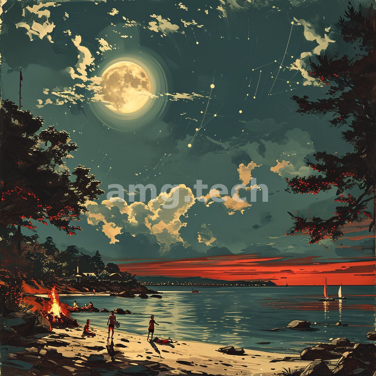 Beneath a luminous full moon and crimson horizon, figures gather by firelight on a quiet beach as a sailboat drifts across the bay.