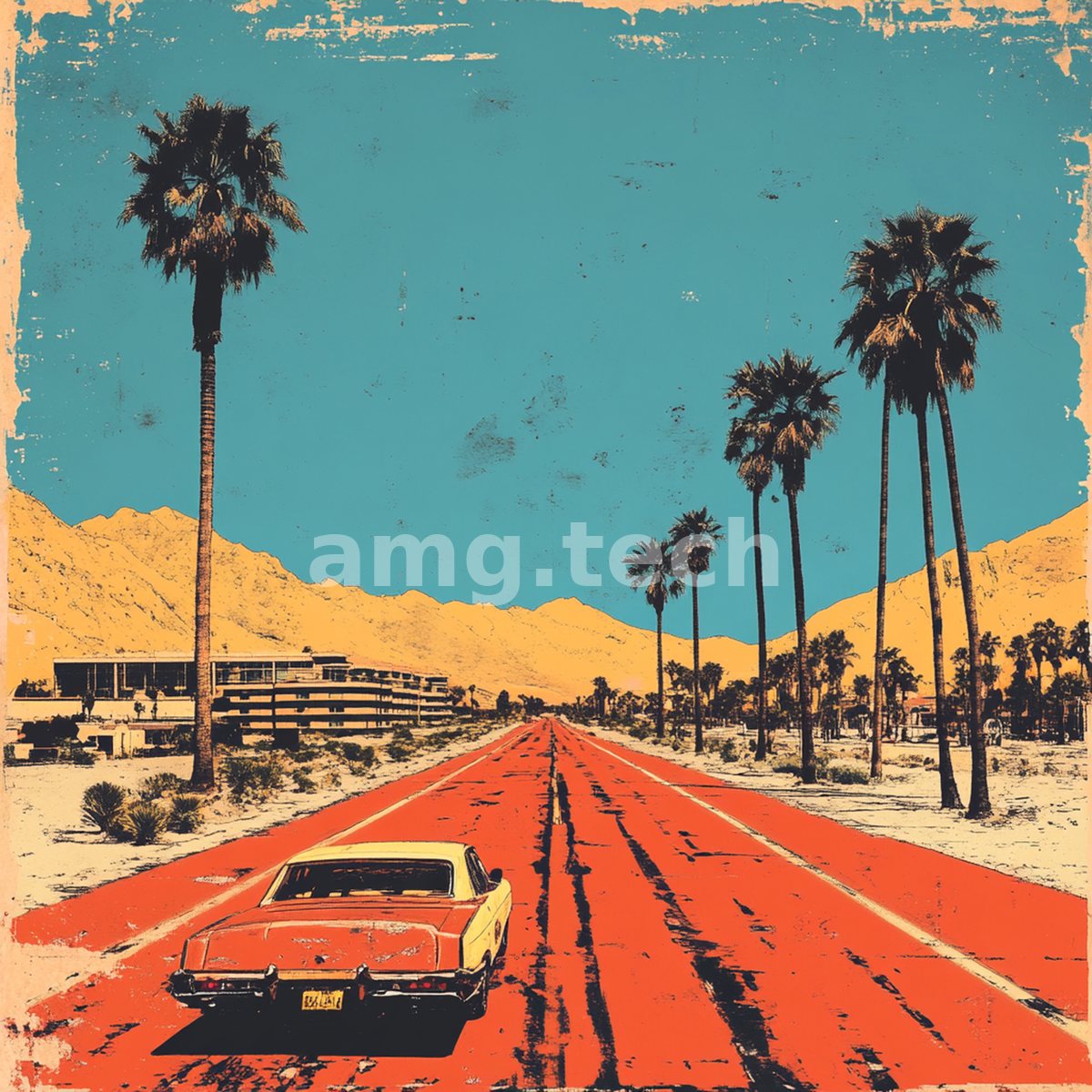 A lone vintage automobile glides down a sun-bleached desert road lined with towering palms, rendered in bold retro-poster tones of teal and burnt orange.