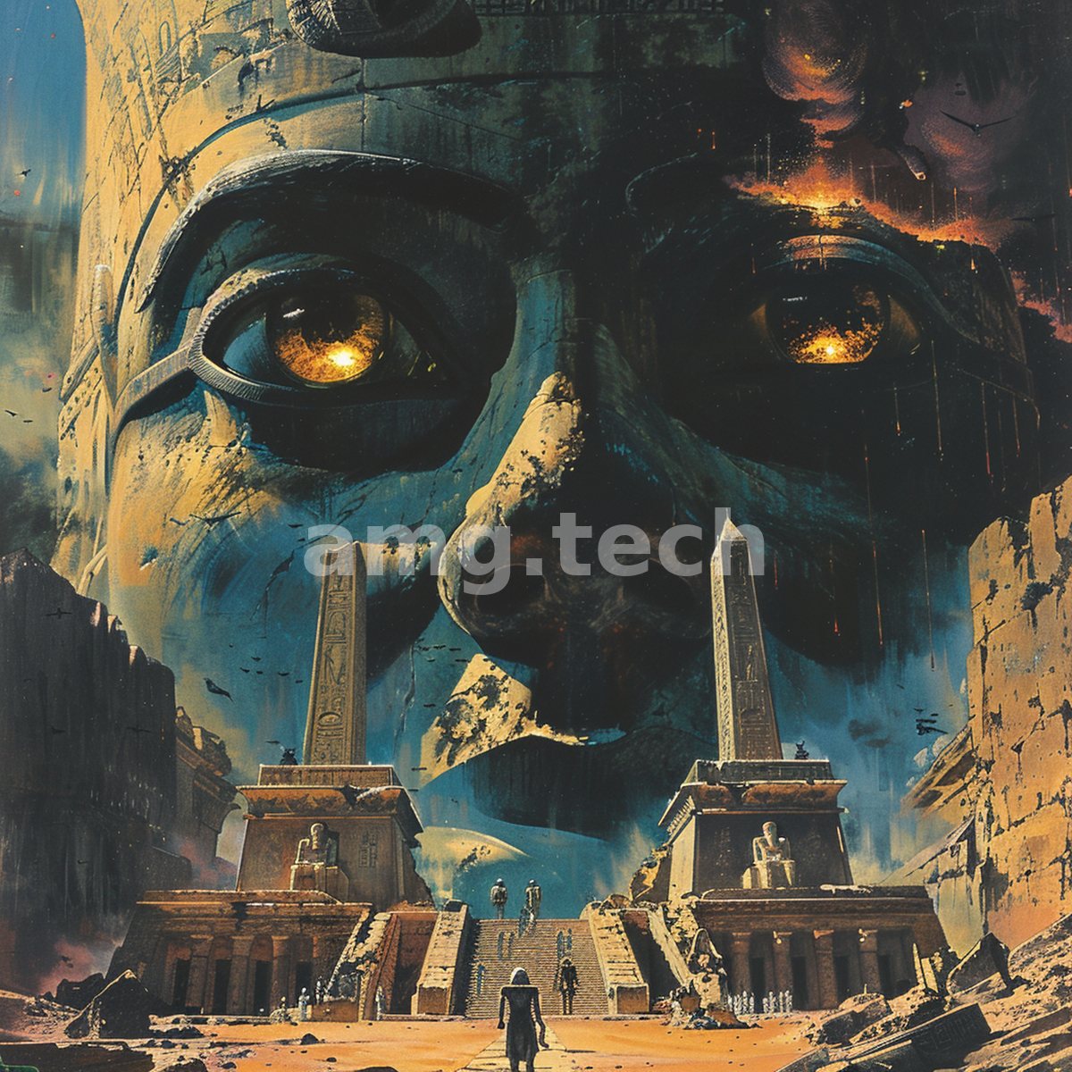 A colossal stone visage looms above twin obelisks and a temple avenue, its molten gaze fixed upon a solitary traveller ascending the ruins.