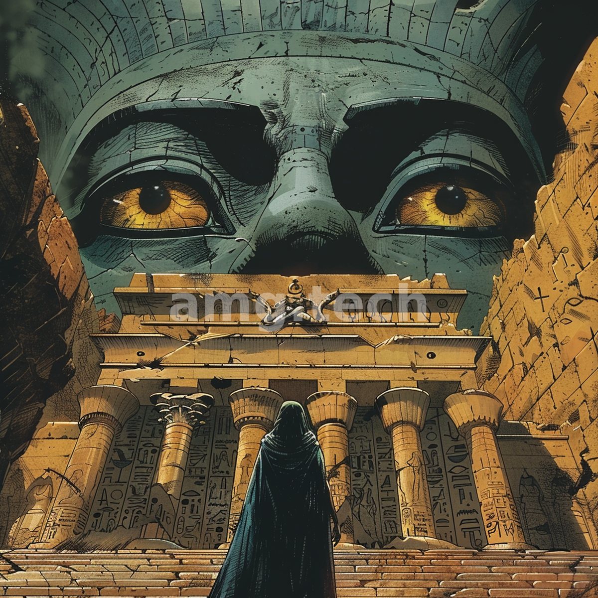 A cloaked pilgrim stands before a pillared sanctuary, dwarfed by an immense golden-eyed idol carved into the living rock above.