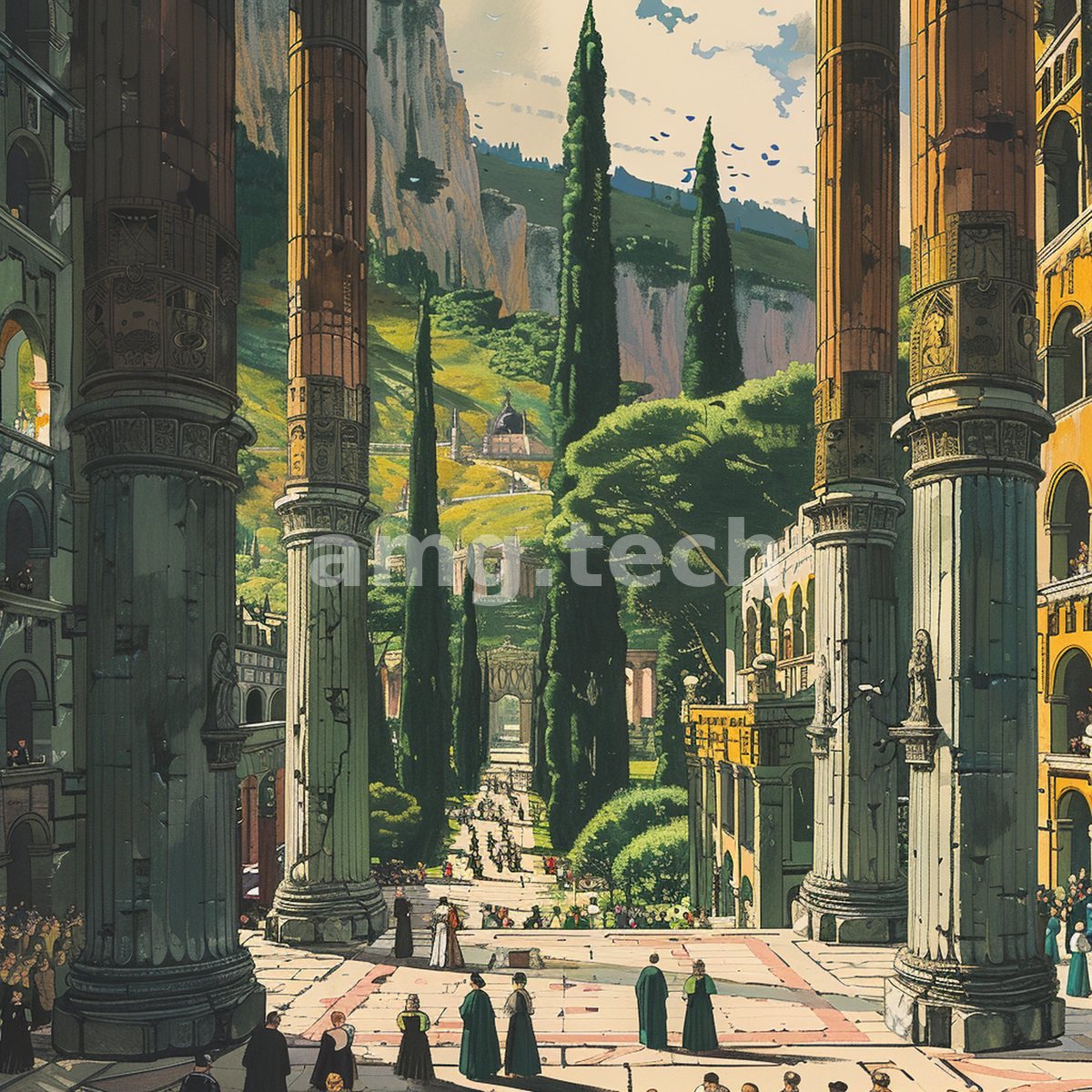 Monumental columns frame a verdant valley where cypress spires and distant palazzi rise, populated by strolling figures in an imagined classical city.