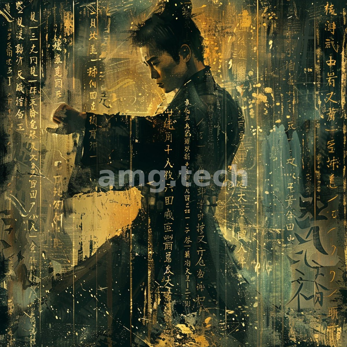 A poised figure in dark robes emerges from cascading golden brushstrokes and antique script, rendered in luminous ochre and verdigris.