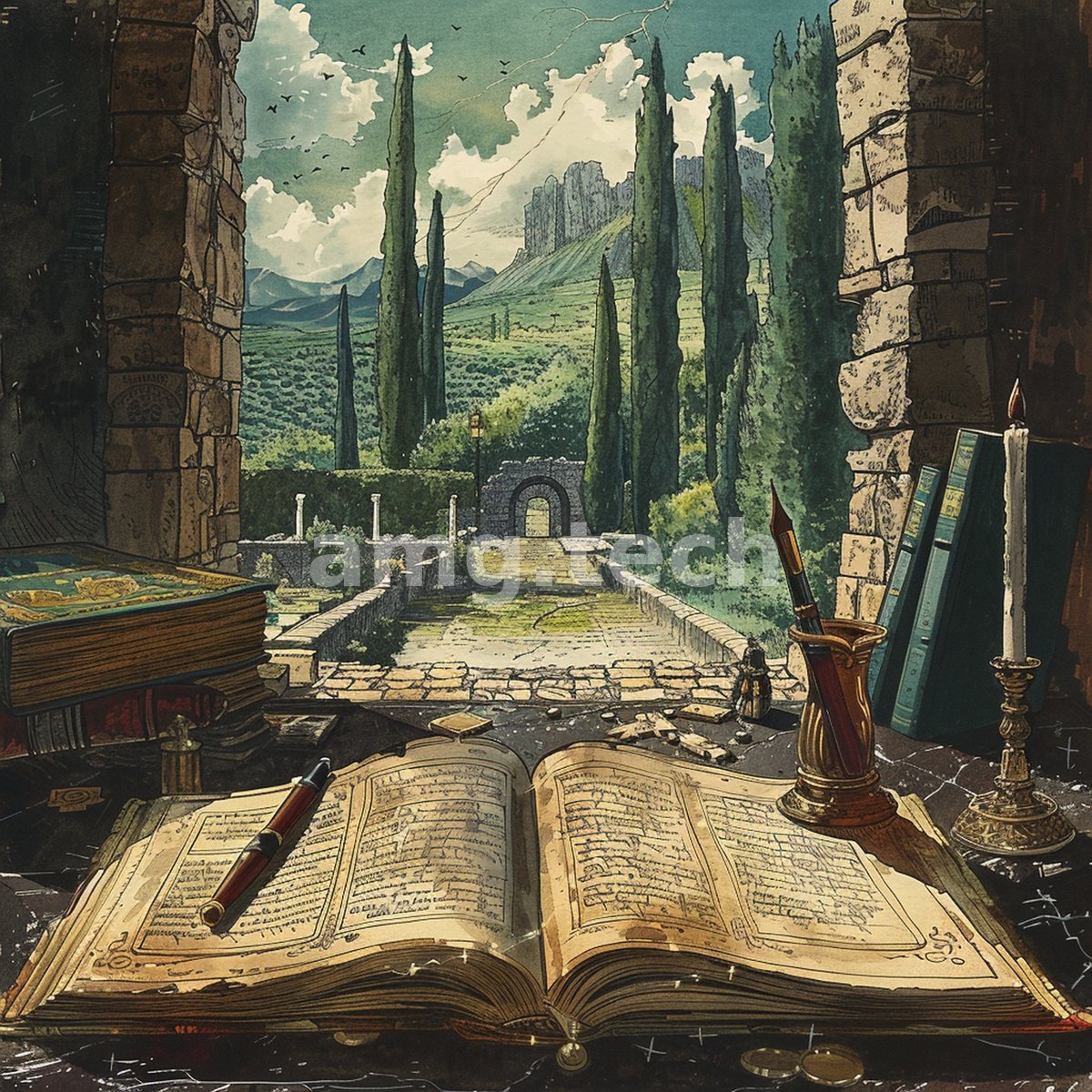 An open manuscript, quill, and candle rest upon a marble sill overlooking a sunlit valley of cypress and ancient ruins beyond.