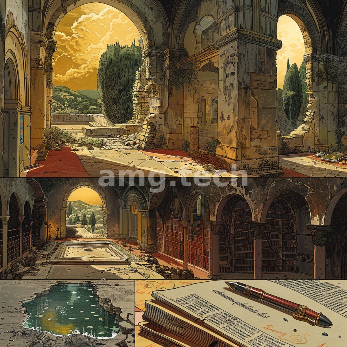 A layered composition of sunlit archways, a derelict library, a still green pool, and an inked manuscript weaves a meditation on antiquity and memory.