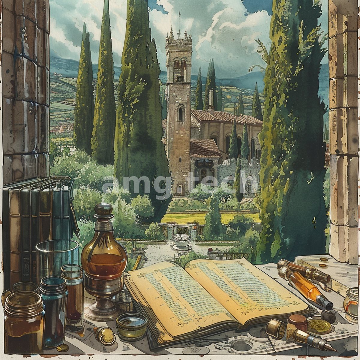Glass vessels, tinted flasks, and an open ledger crowd a sill framing a Tuscan bell tower and cypress-clad hills beyond.