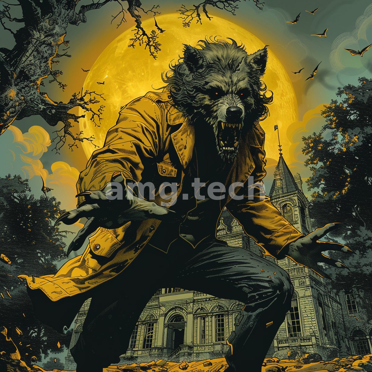 A snarling wolf-man in tattered garb crouches before a moonlit manor, bats wheeling across the amber sky in vivid comic-book relief.