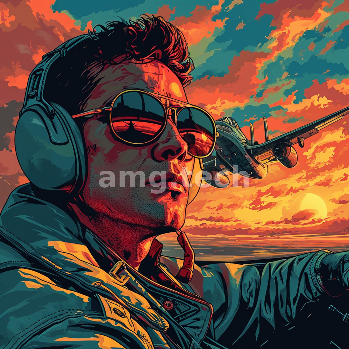 A headset-clad pilot gazes past his shades as a warplane banks through a blazing crimson and gold sky above the sea.