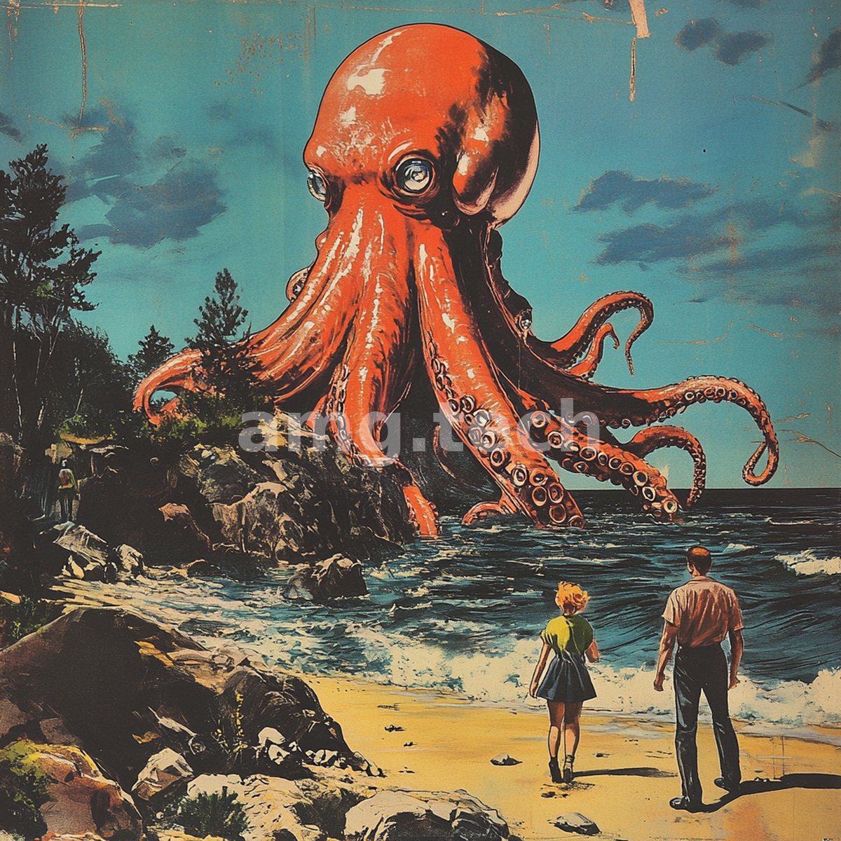 In vintage pulp-poster style, a colossal orange octopus rises from the surf above a rocky shore as two onlookers stand transfixed on the sand.