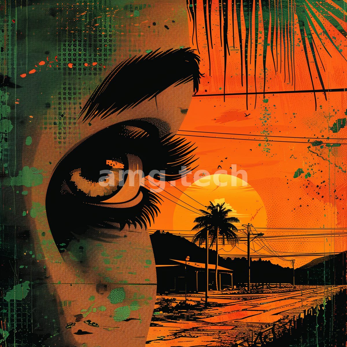 A woman's watching eye merges with a sunset street of palms and telephone poles, drenched in halftone greens and molten orange.