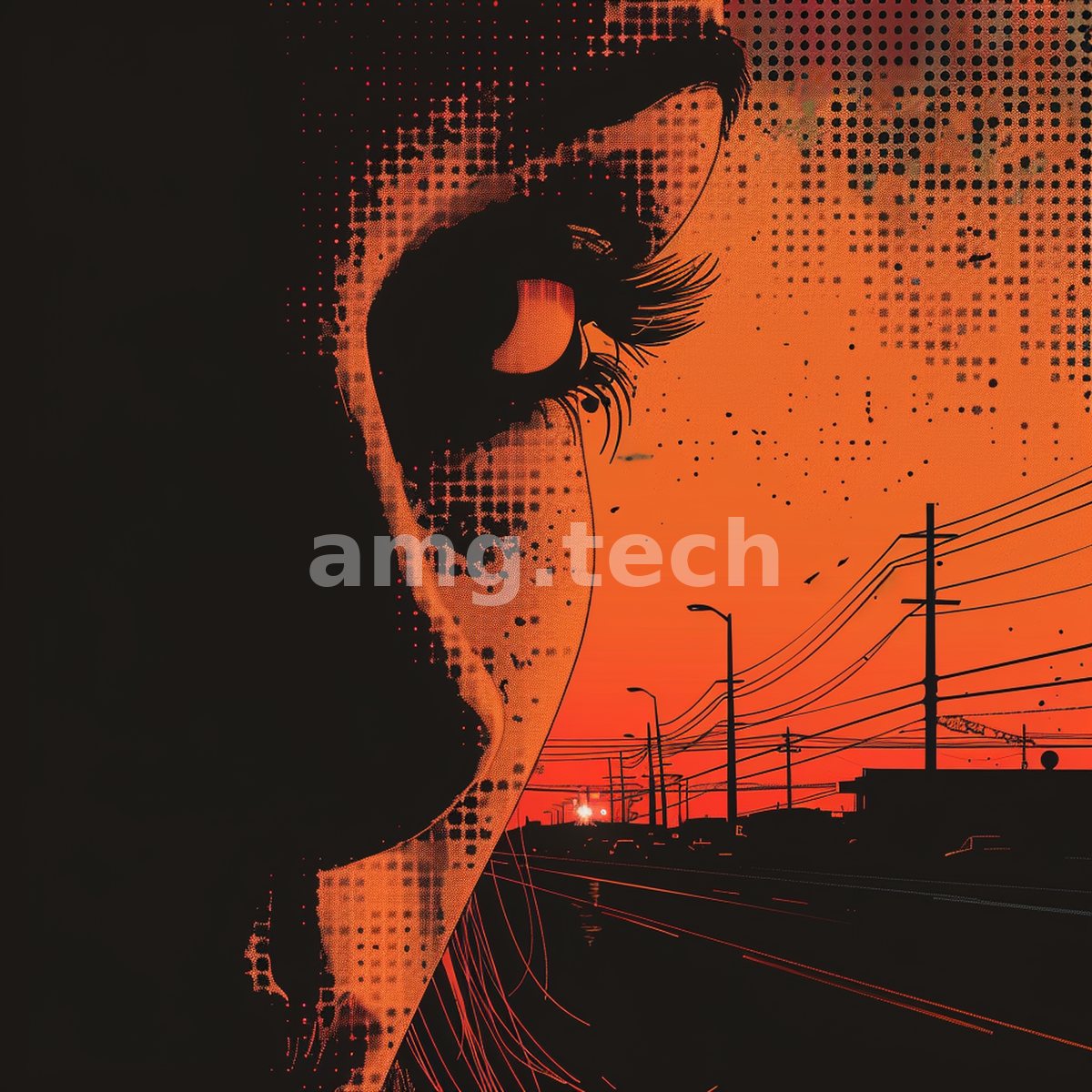 A silhouetted profile dissolves into a burning orange dusk of power lines and distant roadway, rendered in stark halftone and shadow.