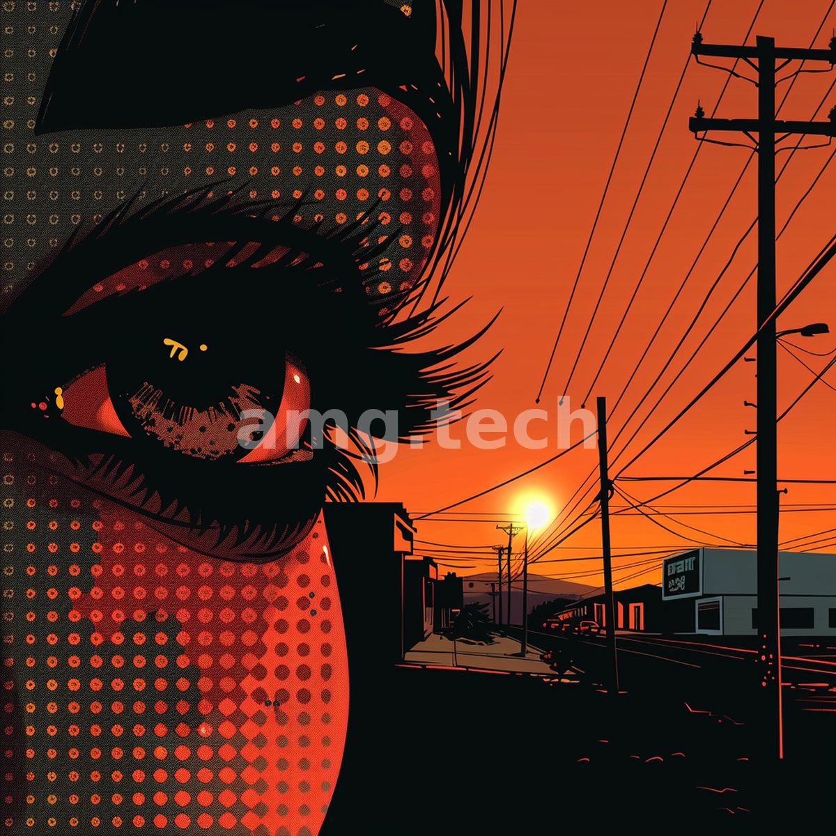 A single luminous eye emerges over a sun-scorched street of telephone poles, rendered in bold pop-graphic reds and halftone dots.
